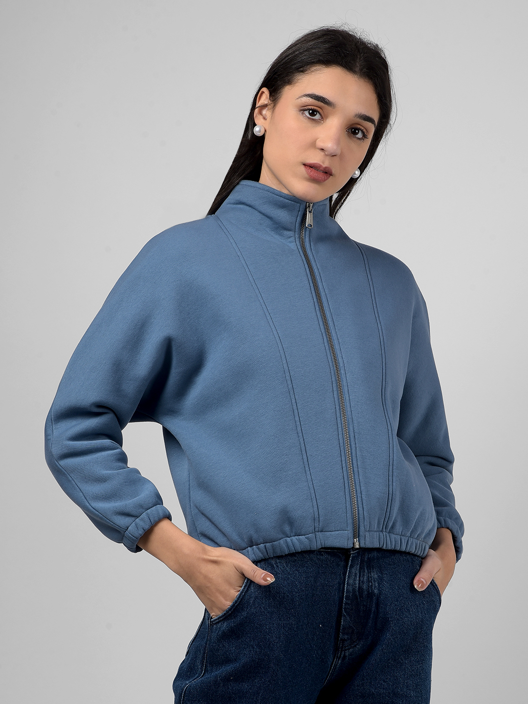 Numero Uno Women Pigeon Blue Mock Neck Sweatshirts